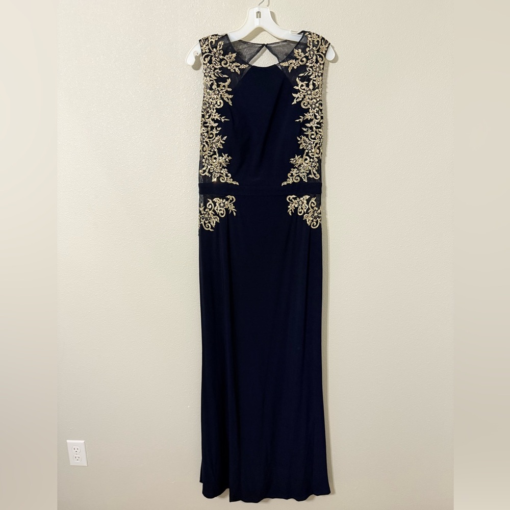 Cachet Midnight Blue Dress with Gold Detailing (formal or prom)
